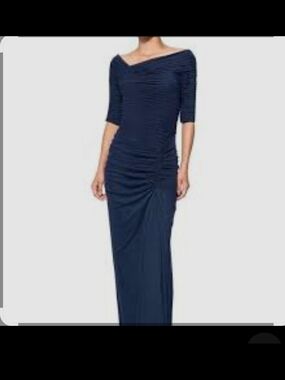 Tadashi  Shoji Navy Blue Ruched Mesh Cocktail Dress.
